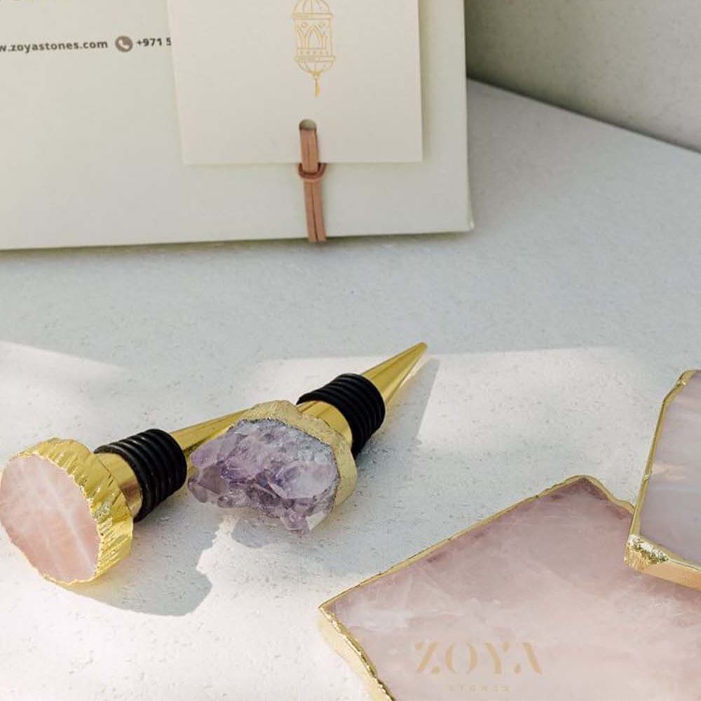 4 قواعد أكواب من الكوارتز الوردي و2 غطاء زجاجة