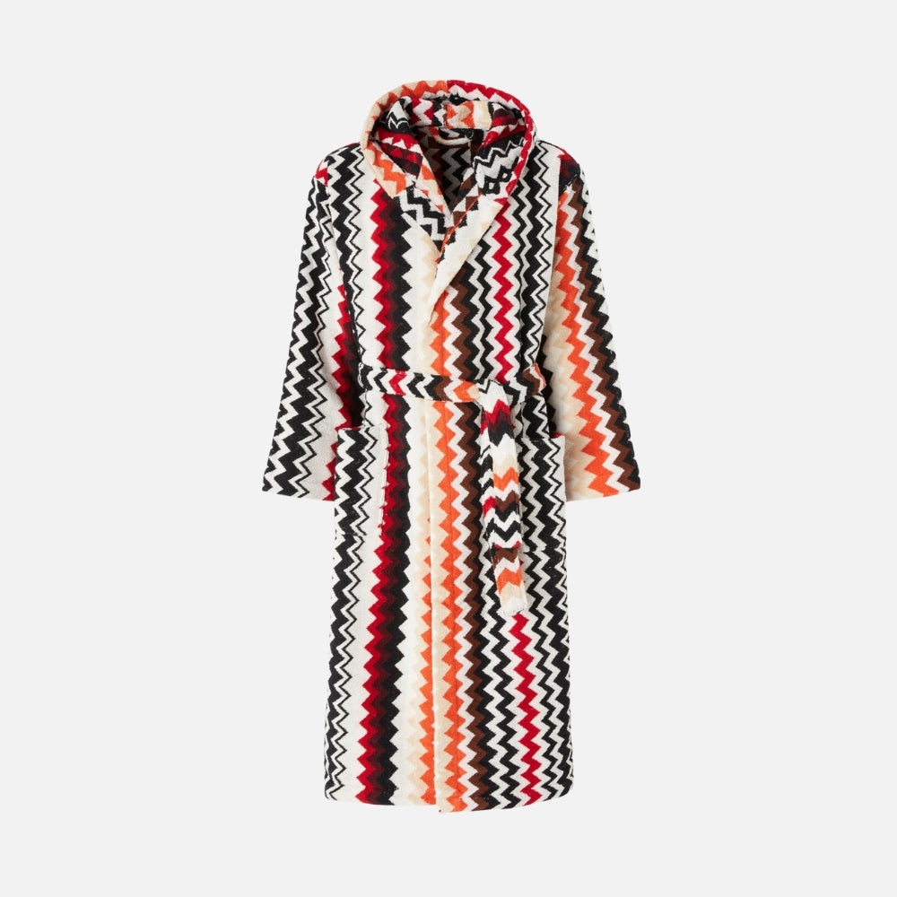 Best Red Multicolour Zigzag Cotton Hooded Bathrobe