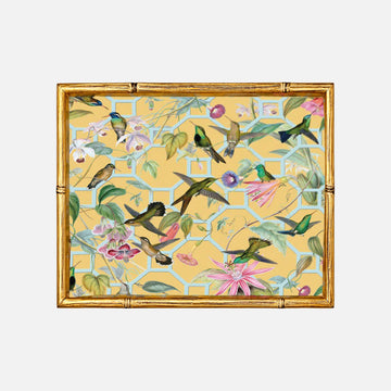 Hummingbird Trellis Gold Bamboo Edge Square Lacquer Tray