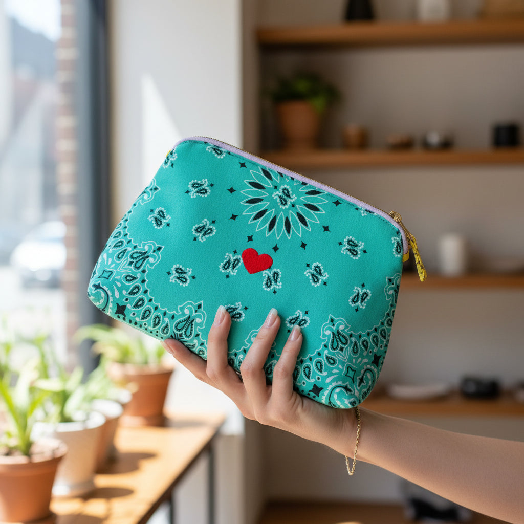 حقيبة أدوات الزينة الكبيرة من كول إت فانيتي - لون النعناع الأخضر/الأصفر الباهت، مصنوعة يدويًا