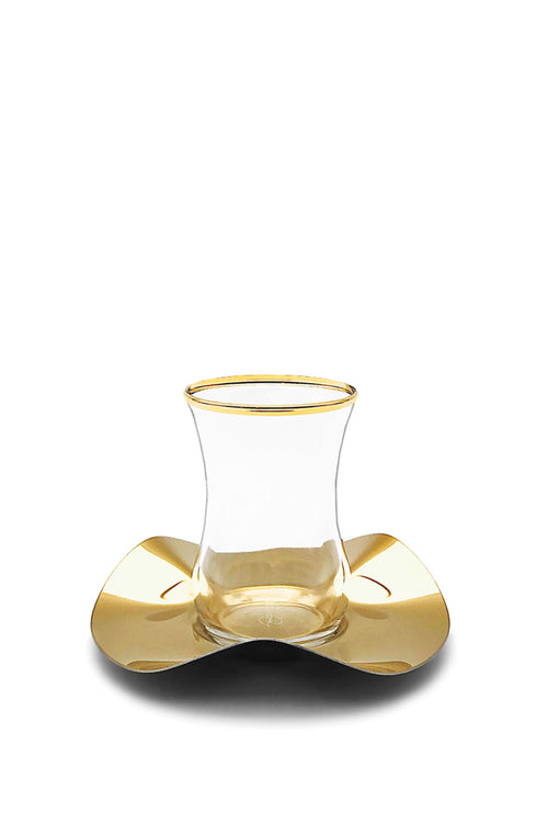 Flower Tea Glass & Saucer, Gold, Set of 6