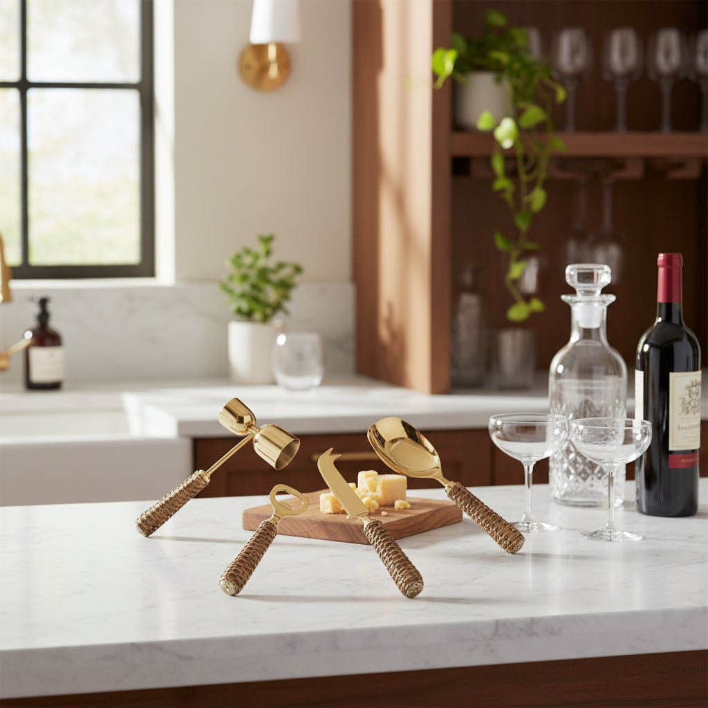 مجموعة أدوات بار هيرميويكر المكونة من 4 قطع بمقبض من الخيزران