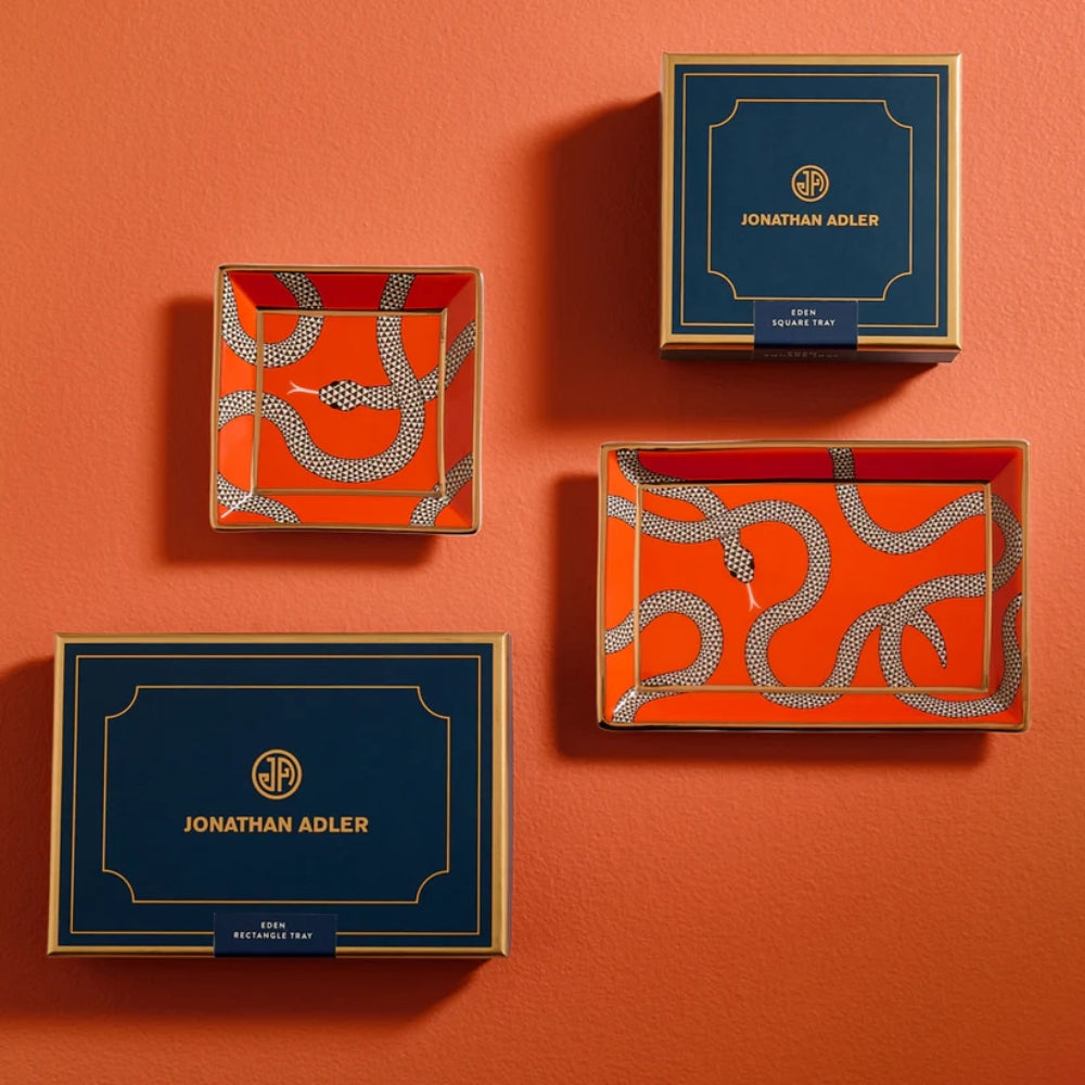 Eden Rectangular Tray - Poppy Orange Porcelain with Gold Accents