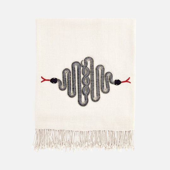 Snake Embellished Throw - White Merino Wool with Beaded Serpents