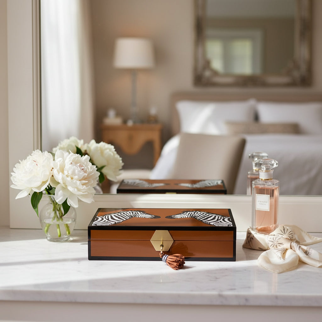 Zebra Lacquer Jewelry Box – Cognac & Camel Velvet
