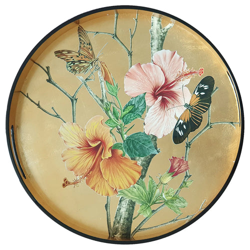 Tropical Floral Lacquered Wooden Tray – 35 cm