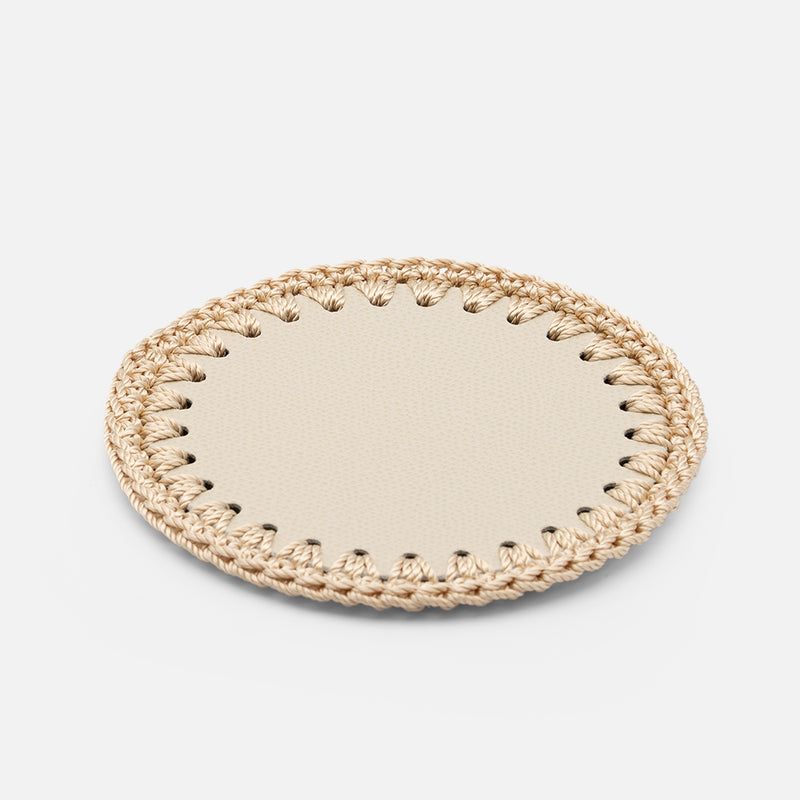 Rochelle Leather &amp; Crochet Coasters Set of 6 (Ivory)