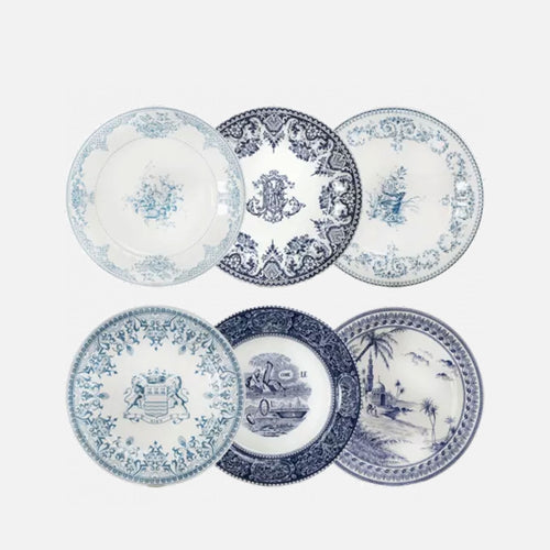 Set of 6 Assorted Dinner Plates - Blue Mismatched