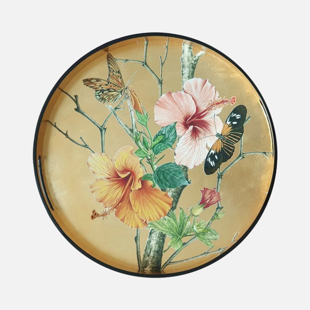 صينية خشبية مطلية بنقشة أزهار استوائية - 35 سم