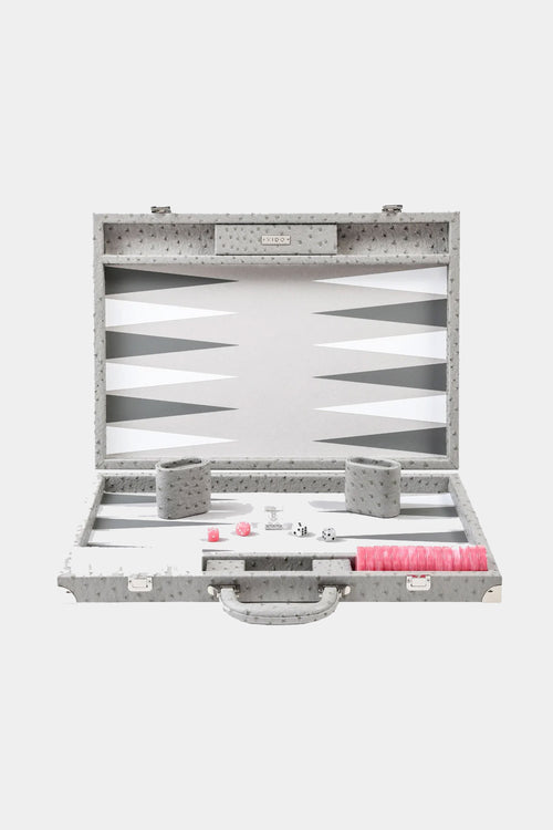 Grey Ostrich Large Backgammon Vegan Leather Large Set | 20 inch - 51 cm