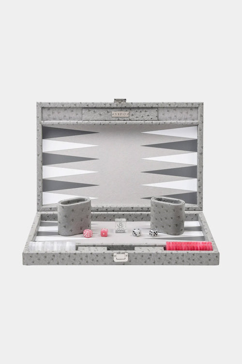 Grey Ostrich Medium Backgammon Vegan Leather Medium Set | 15 inch - 38 cm