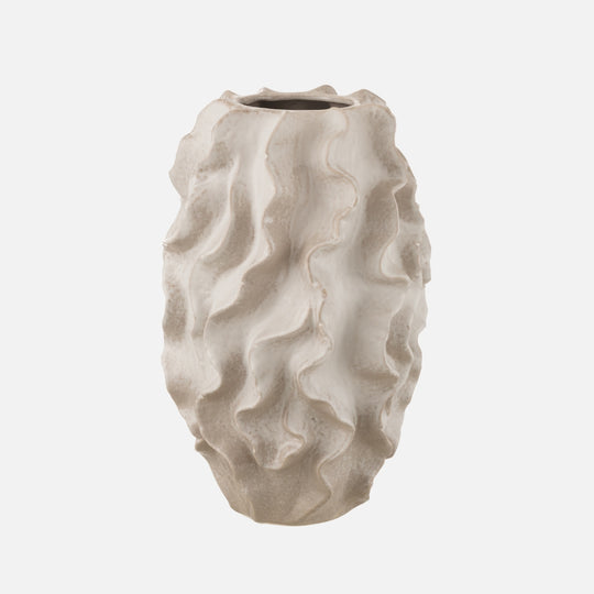 Abstract Waves Porcelain Vase – Large Beige Sculptural Accent
