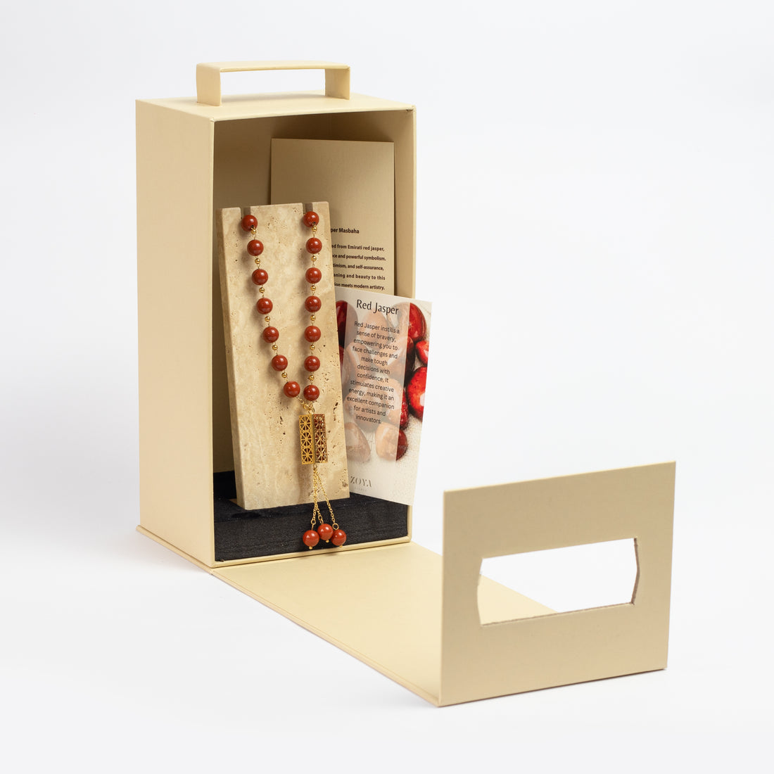 Red Jasper Masbaha & Travertine Stand for Home