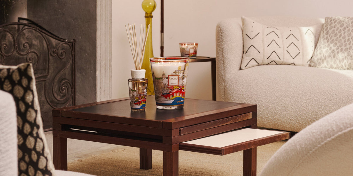 Baobab Collection Monaco 4-wick scented candle in mouth-blown glass, 500g, styled in a room setting (3)