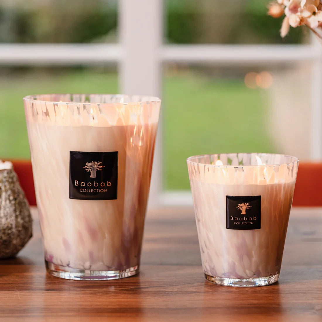 Baobab Collection Pearls White 5-wick scented candle in mouth-blown glass, 3kg, styled in a room setting (2)