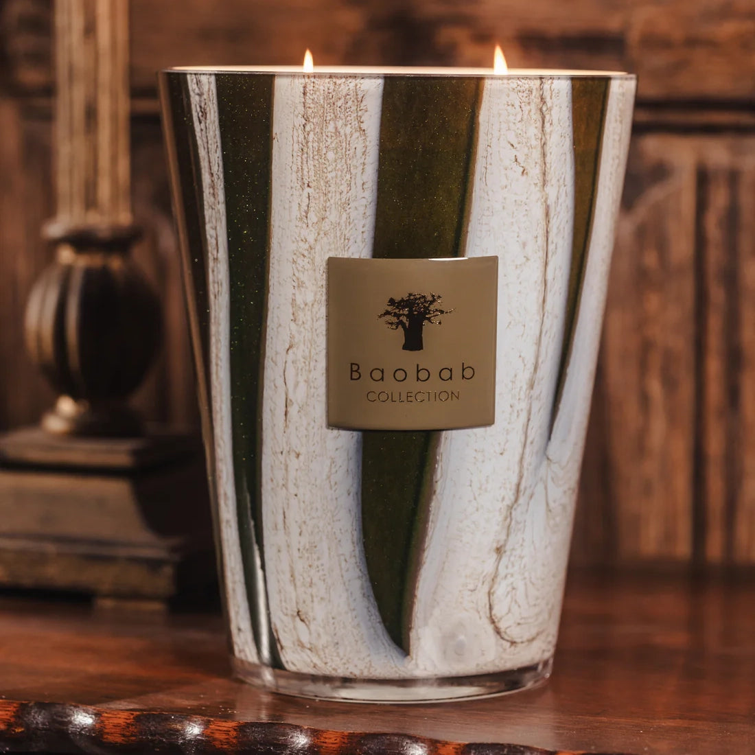 Baobab Collection Sherwood Woods 4-wick scented candle in mouth-blown glass, 1.1kg, viewed from above