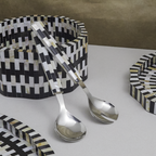 Be Home Finlay acacia wood inlay bowl in black and white, 30cm, styled in a room setting