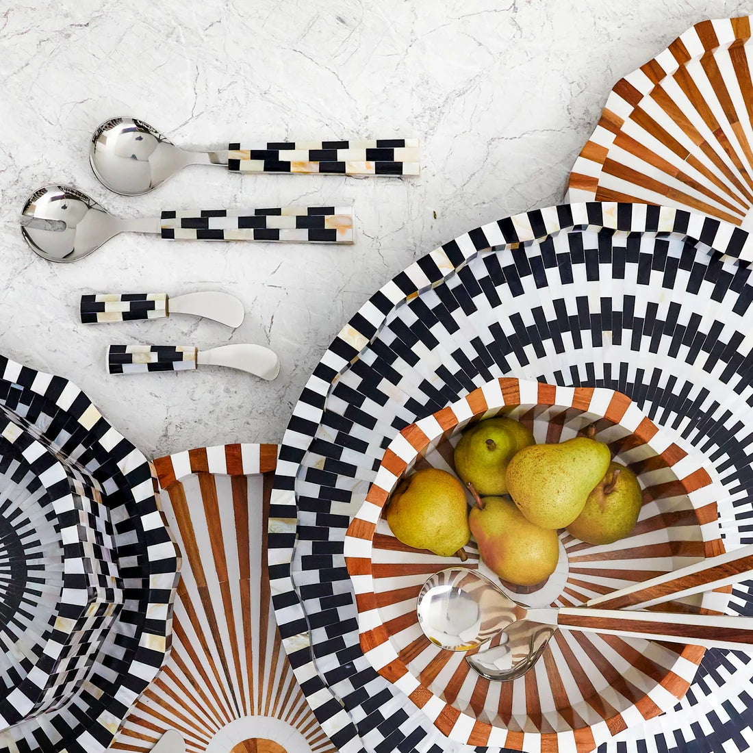 Be Home Finlay inlay salad serving set in stainless steel, styled in a room setting