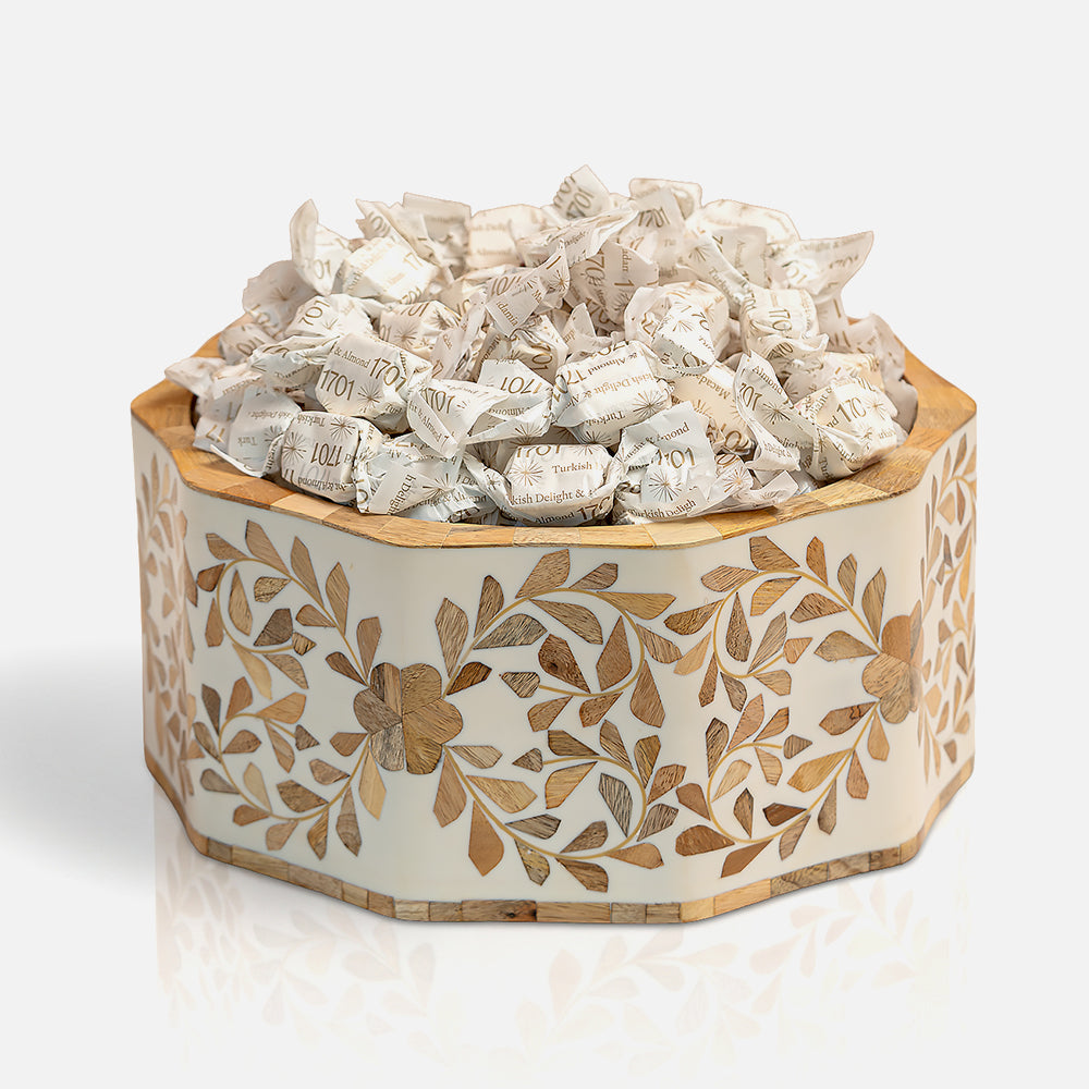 Be Home Mya inlay bowl with floral wood mosaic, 25cm, front view 3