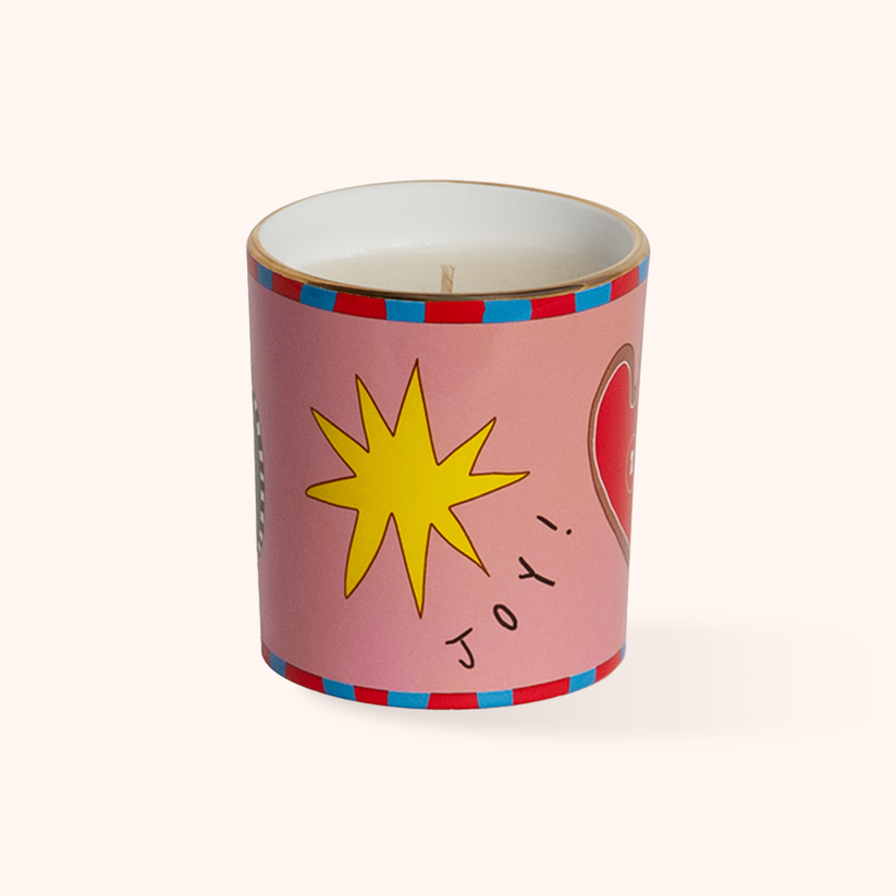 Bitossi Home Joy scented candle in a pink porcelain container, 10.3cm, detail view