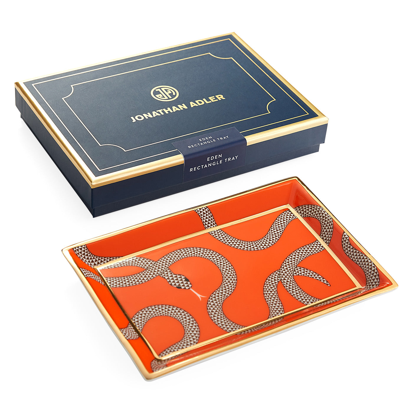 Eden Rectangular Tray - Poppy Orange Porcelain with Gold Accents