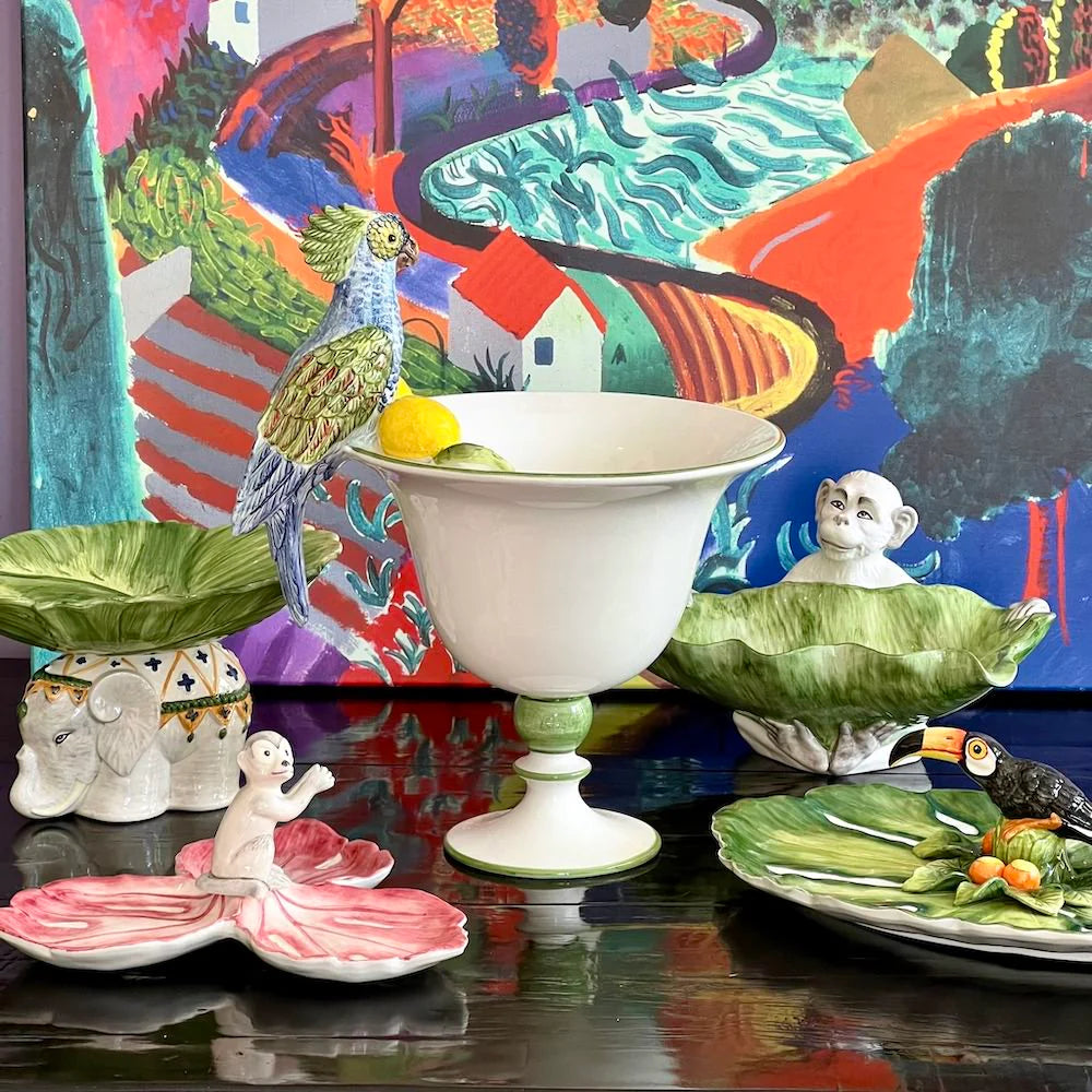 وعاء فاكهة خزفي على شكل فيل مرسوم يدويًا - صناعة إيطالية