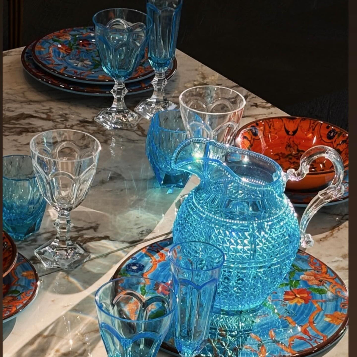Mario Luca Giusti Halina Jug, Turquoise, 1.6L in synthetic crystal, styled in a table setting
