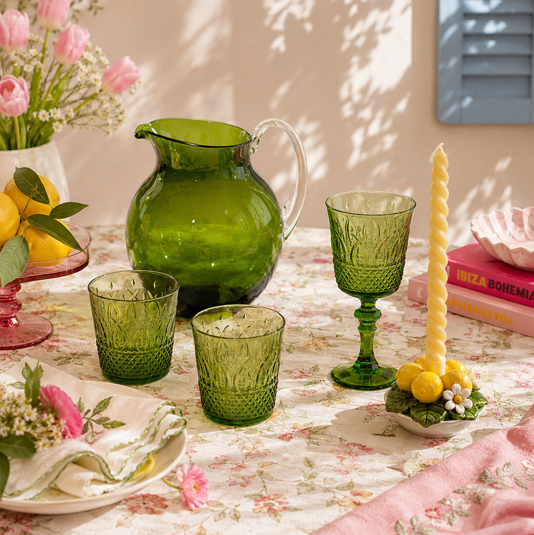 Mario Luca Giusti Palla Jug, Green, 3L in synthetic crystal, styled in a table setting (2)