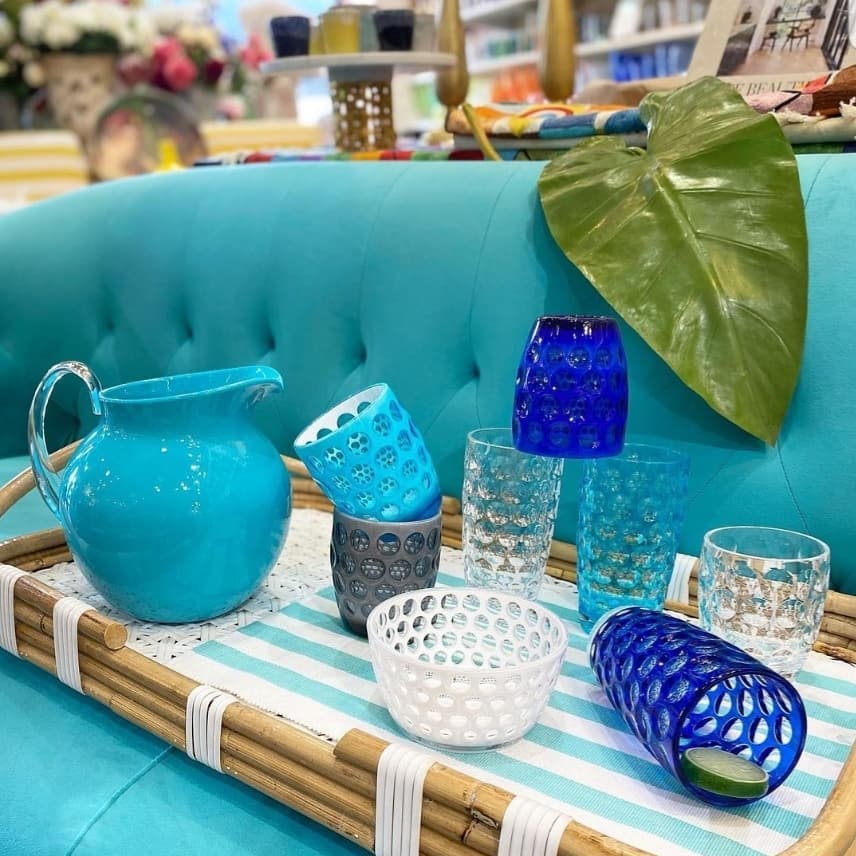 Mario Luca Giusti Palla Jug, Turquoise, 3L in synthetic crystal, styled in a table setting