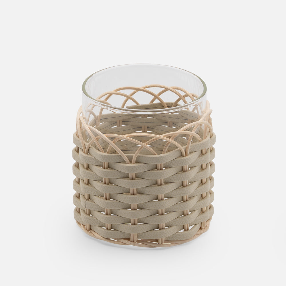 Wideville Leather & Rattan Candle Holder, Ivory