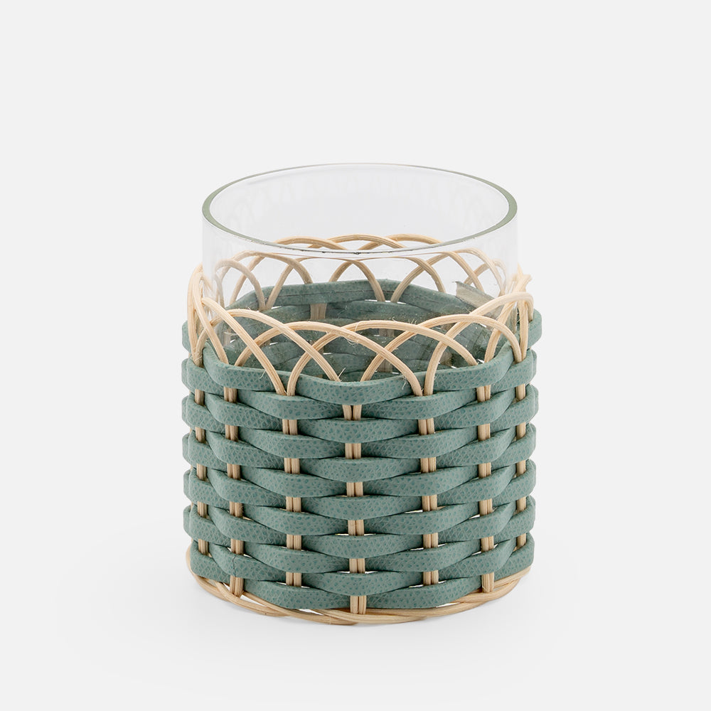 Wideville Leather & Rattan Candle Holder, Mint