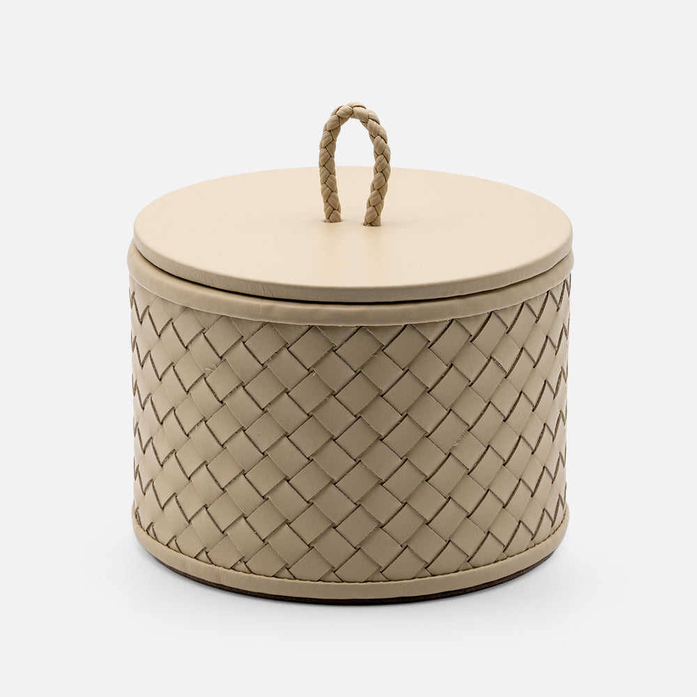Jana Handwoven Leather Round Box, 12cm, Ivory
