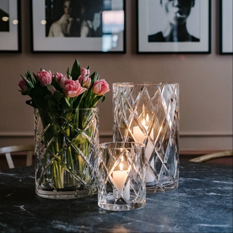 Skogsberg & Smart Classic Crystal Hurricane Lamp, Medium, styled in a room setting