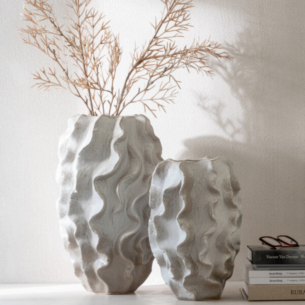 Abstract Waves Porcelain Vase – Large Beige Sculptural Accent