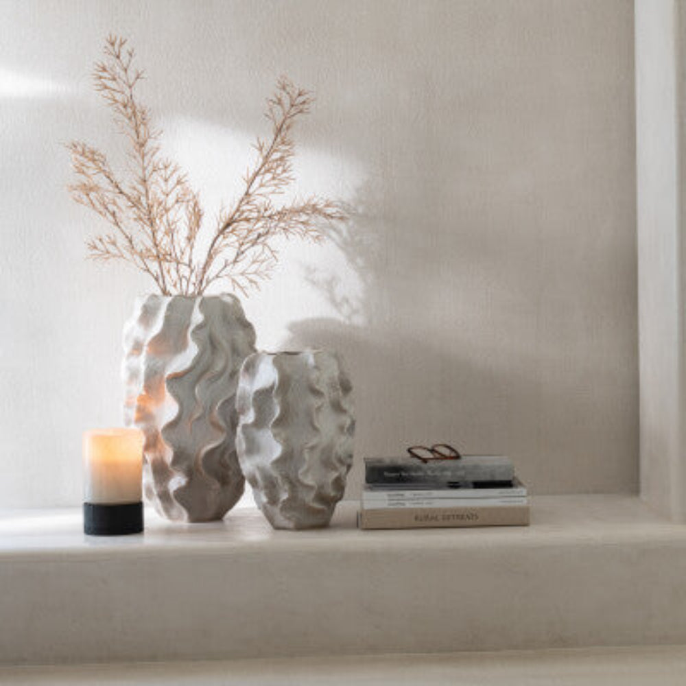 Abstract Waves Porcelain Vase – Large Beige Sculptural Accent