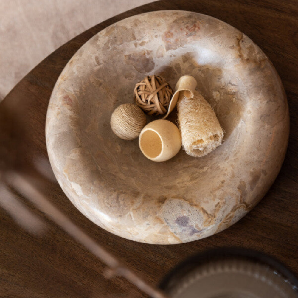 Large Beige Marble Bowl – Low Round Stone Bowl (29cm)
