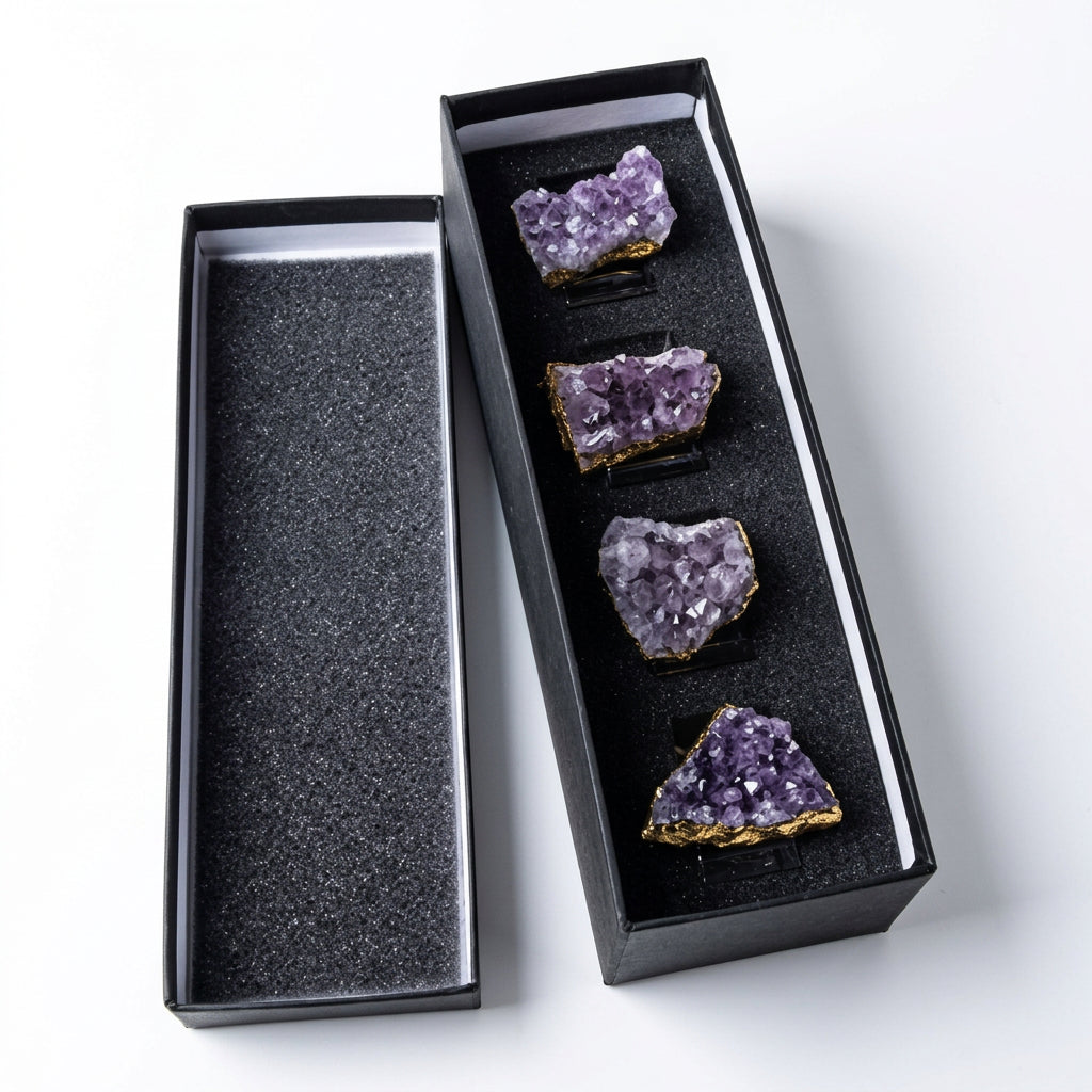 Zoya Stones Amethyst napkin rings, set of 4, box view