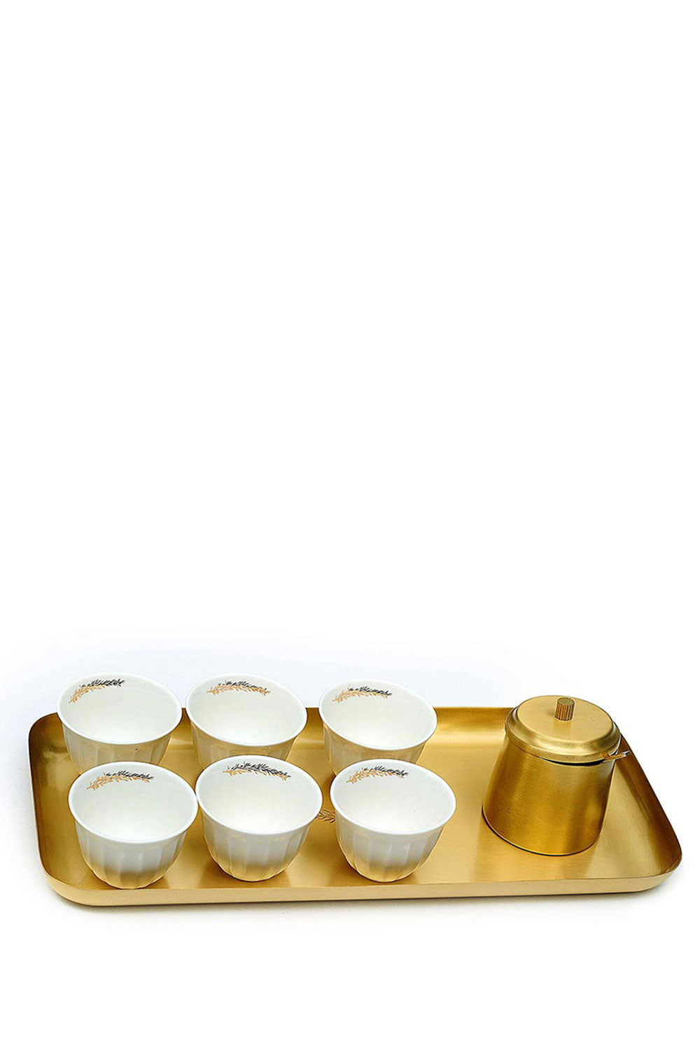 Olive Branch Tray with 6 Gahwa Cups & Lidded Pot, White & Gold