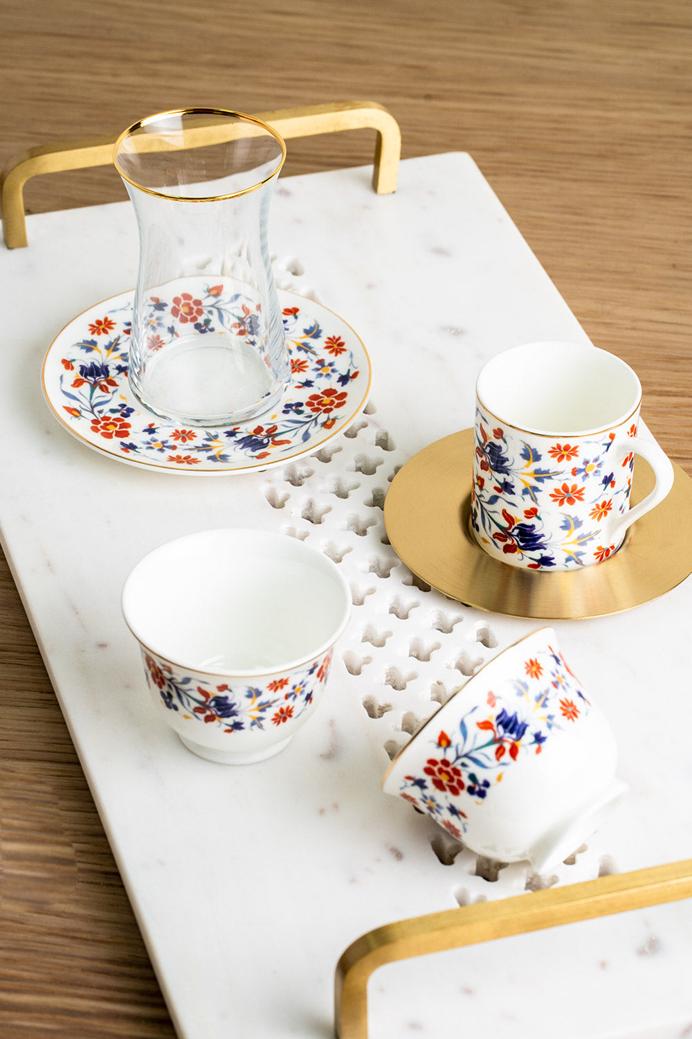 Vintage Floral Tea Glass & Saucer with Teaspoons, Set of 6